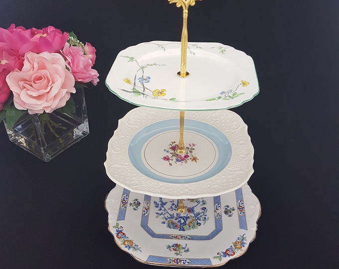 3 Tier Cake Stand, Mismatched Square Plates in Blue, Tea Party, Serving Tray