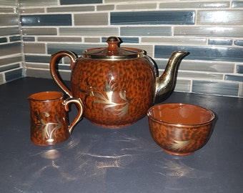 Vintage Gibson Tea Pot, Cream Sugar Set, Hand Painted Tortoise Shell, Redware Clay, England, 1940s