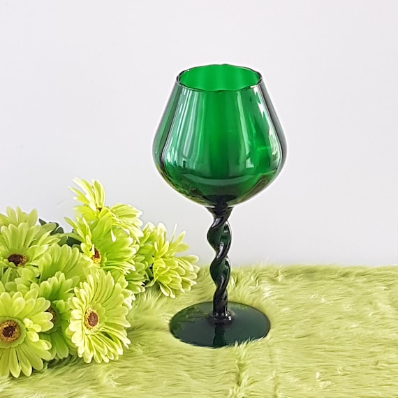 Vintage MCM Empoli Emerald Green Art Glass Vase - 12.5" Twisted Stem Pedestal Compote - Italy