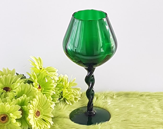 Vintage 12.5 Inch Green EMPOLI Glass Vase, Mid Century Blown Glass Candy Dish, Pedestal Bowl, MCM Home Decor