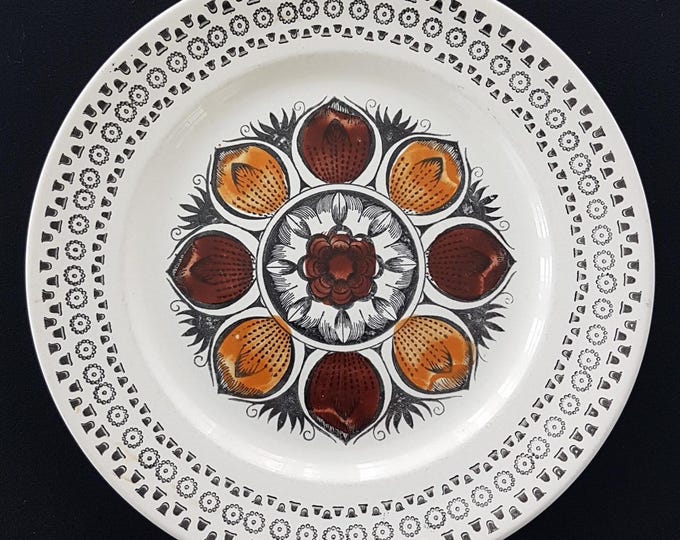 4pc Vintage Broadhurst Ironstone Dinner Plates, Hand Painted OCTOBER by Kathie Winkle, Orange Red Brown Leaf