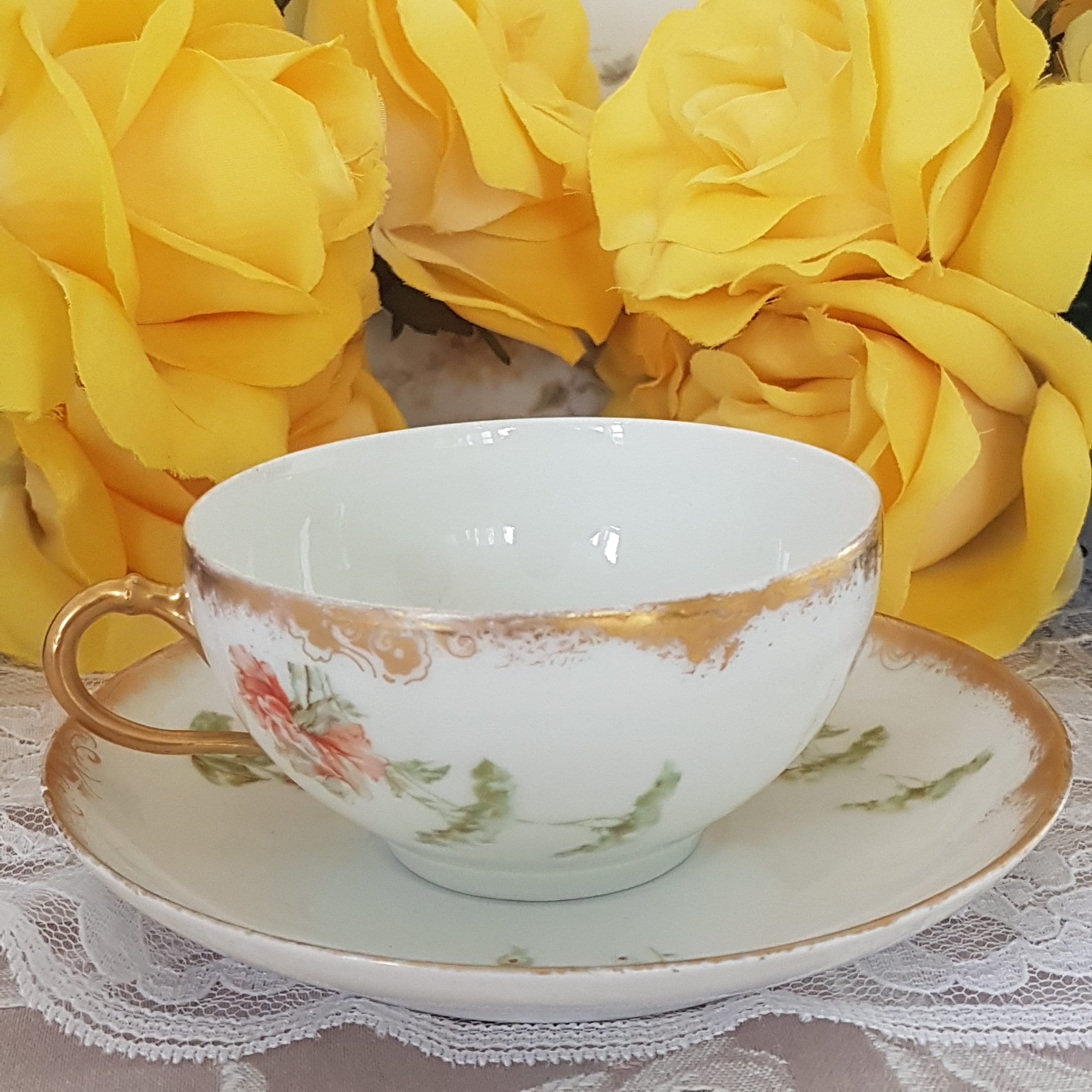 Tea Cup and Saucer, Antique GD & Cie, Limoges France, Hand Painted