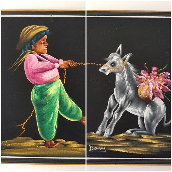 Vintage Black Velvet Paintings: Mexican Boy and Donkey Pop Art (Set of 2)