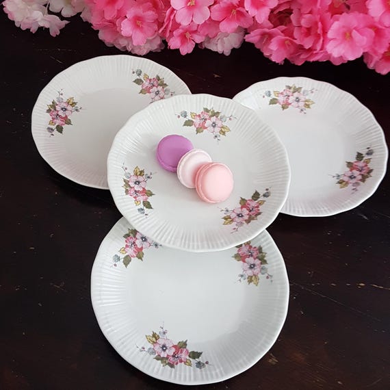 Walbrzych Poland Porcelain Salad Plates (Set of 4), Pink Floral Ribbed Rim Dessert Set