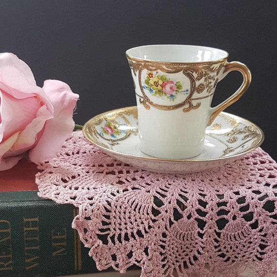 Antique Nippon Teacup and Saucer Set, Hand Painted Gold Gilt Encrusted Floral Pink Roses