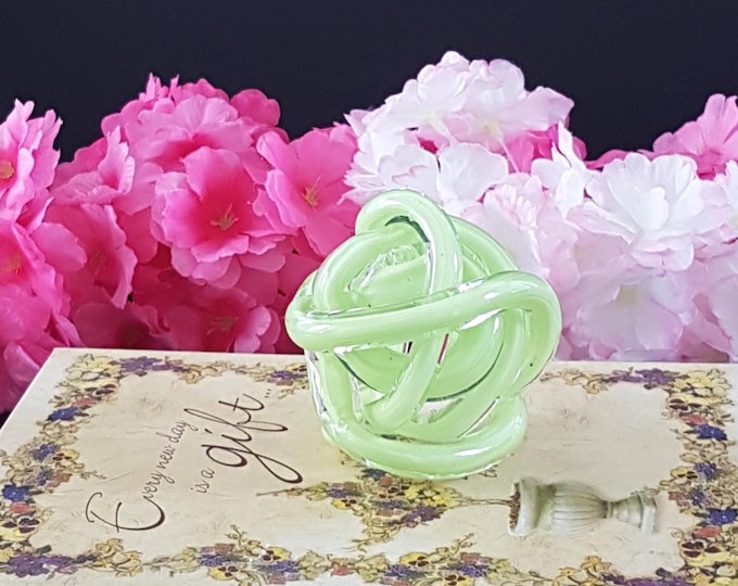 Vintage 3-inch Lime Green Abstract Glass Orb Infinity Knot Sculpture Paperweight - Unique Desk Decor