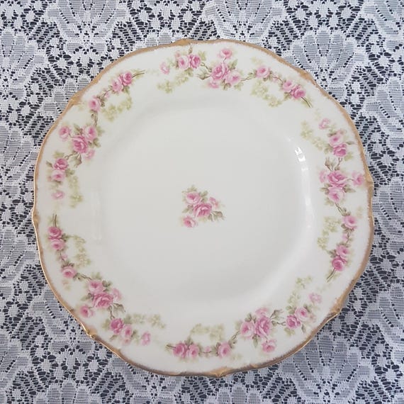 Vintage Elite Works Limoges French Pink Rose Scalloped Gold Rim Dessert Salad Side Plates Set of 4