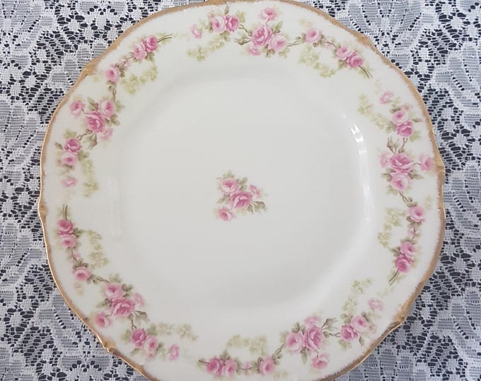 4pc Elite Works Limoges Dessert Plate Set, Big Pink Roses, White Floral Swag