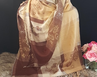 Vintage Brown & Cream Pashmina Shawl: Elegant Evening Wrap