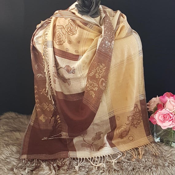 Vintage Floral Patchwork Pashmina Shawl in Earthy Brown and Cream