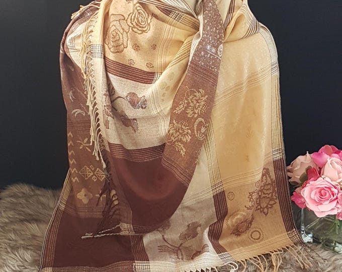 Vintage Brown & Cream Pashmina Shoulder Wrap: Elegant Neutral Evening Shawl for Weddings and Special Occasions