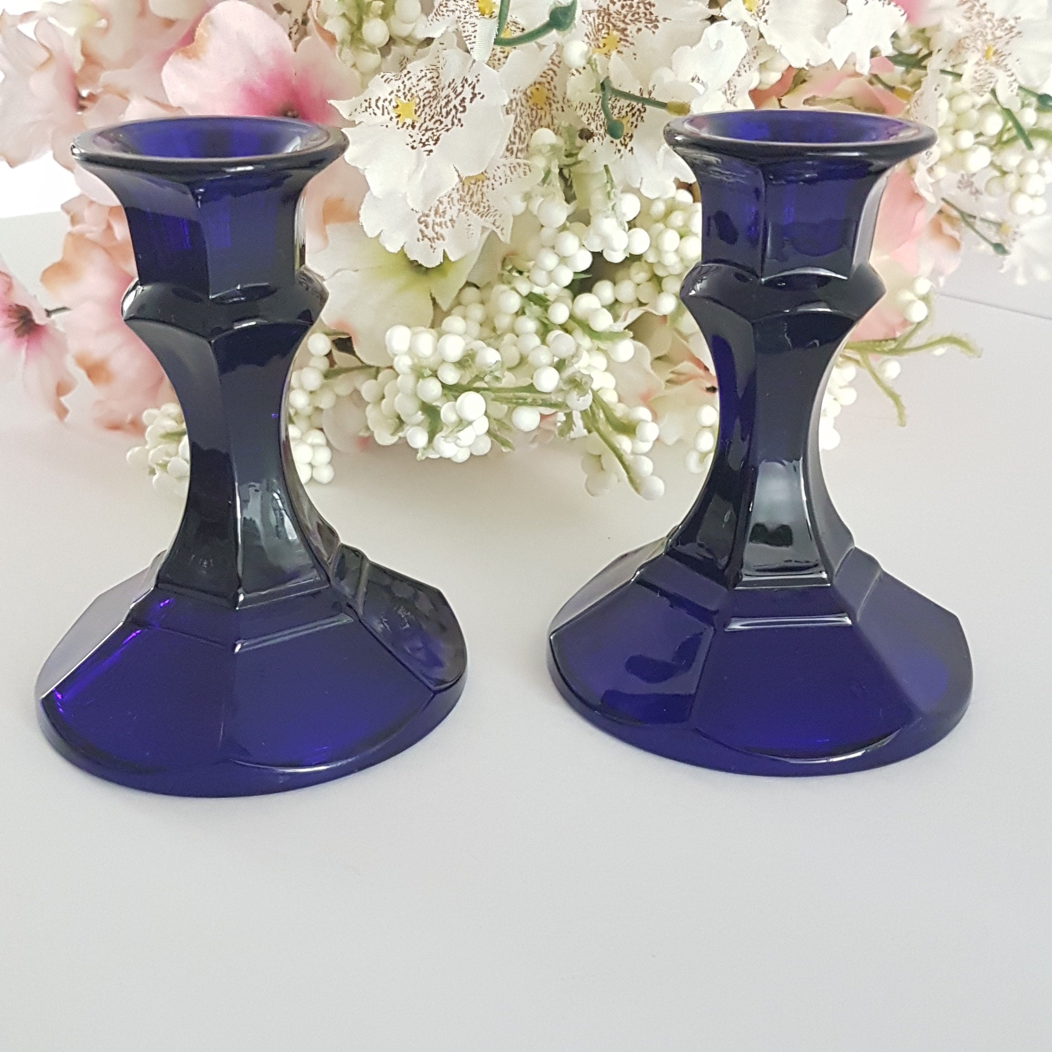 Matching Pair of Cobalt Blue Glass Taper Candlestick Holders, Vintage