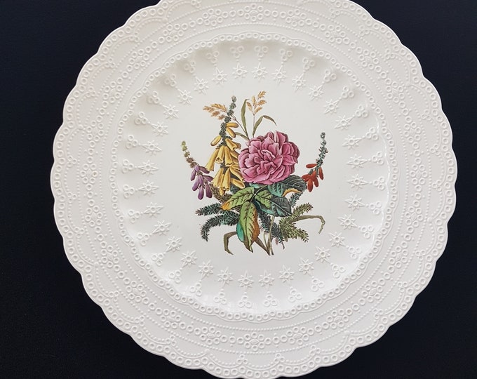 Copeland Spode HEATH & ROSE, Vintage Dinner Plates, Multicolor Floral Center, Embossed Raised Lace Rim, Jewel Shape, Sold Individually