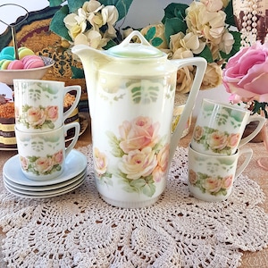 Antique 3 Crown China Chocolate Pot Set: Rose Floral Tea Cups Saucers, Germany (1909-1916)