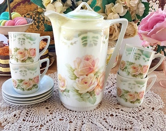 Antique German Chocolate Set: Pot, 4 Cups & Saucers, 3 Crown China, 1909-1916, Hot Cocoa and Coffee Serving Set