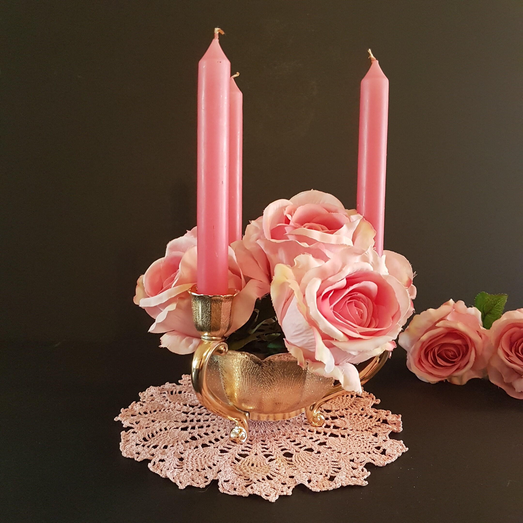 Vintage Lotus Flower 3 Taper Candlestick with Flower Frog, 3 Arm