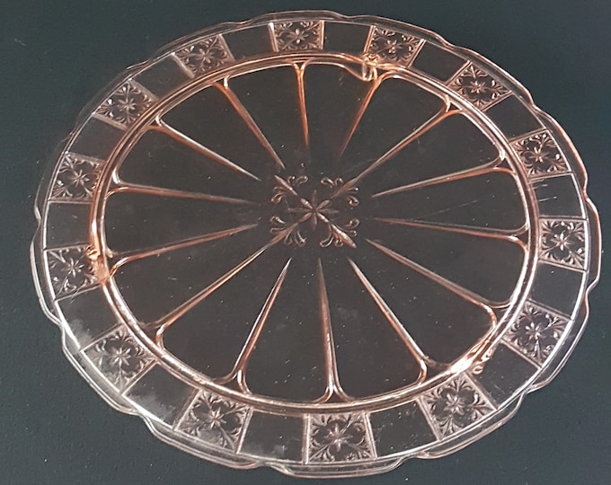 Pink Depression Glass Footed Cake Plate, Vintage Jeanette Glass DORIC Pattern, 1930s