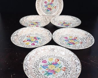 Vintage H K Tunstall Old English Sampler 7.5inch Coupe Bowls Set - 1930s Hollinshead Kirkham Petit Point Floral