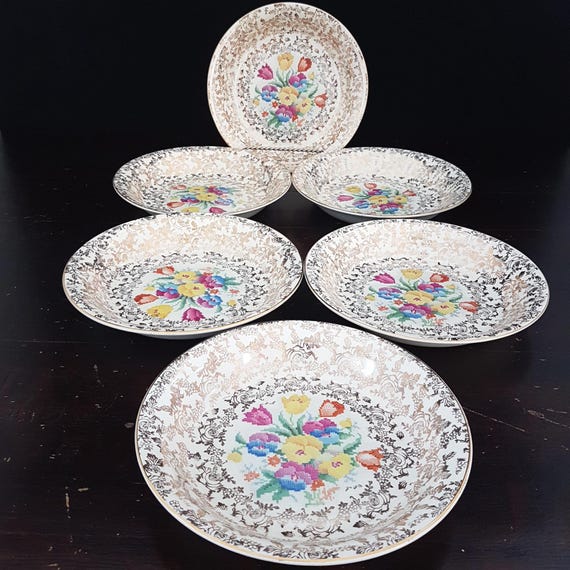 Vintage HK Tunstall Coupe Bowls Set of 6 1930s Old English Sampler Floral Cottagecore