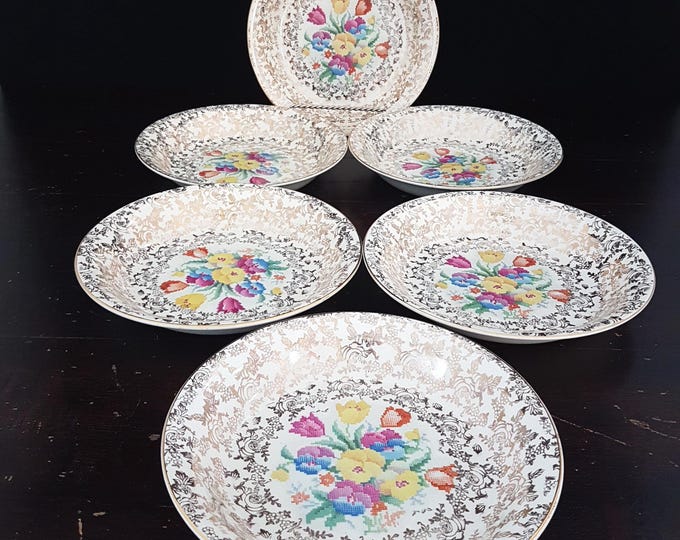 Vintage H K Tunstall Old English Sampler 7.5inch Coupe Bowls Set - 1930s Hollinshead Kirkham Petit Point Floral