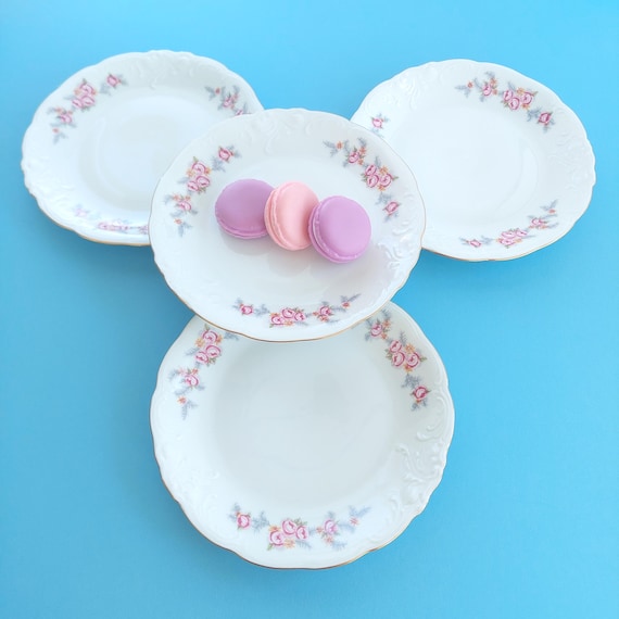 Vintage Wawel Poland Fine China 6.75-Inch Pink Rose Dessert Plates - Set of 4