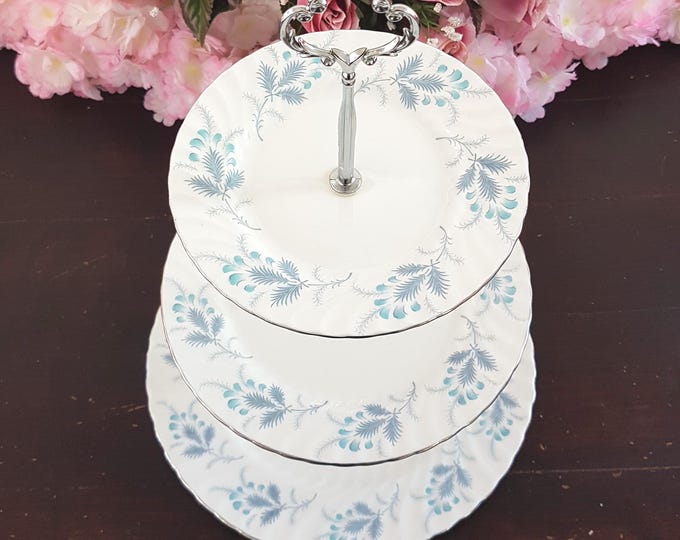 Aynsley 3 Tier Cake Stand Blue White Bone China England Tiered Plate Dessert Stand