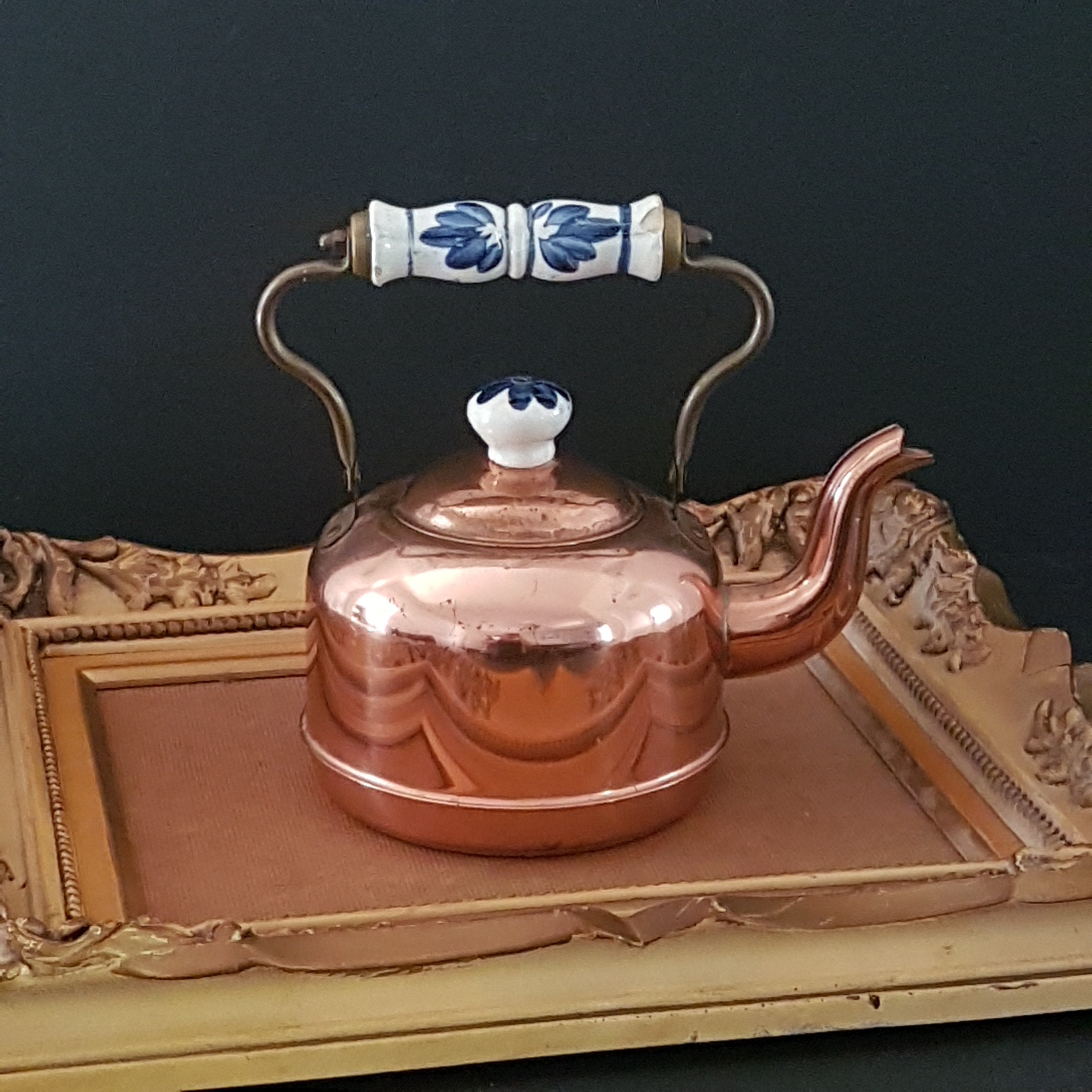 Vintage Copper Stovetop Tea Kettle, Brass Arm with Delft Blue Handle