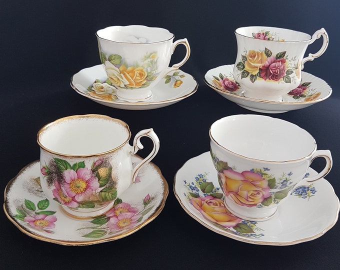 LOT of 4 Mismatched Tea Cups and Saucers, Bulk Vintage English Bone China, Afternoon High Tea