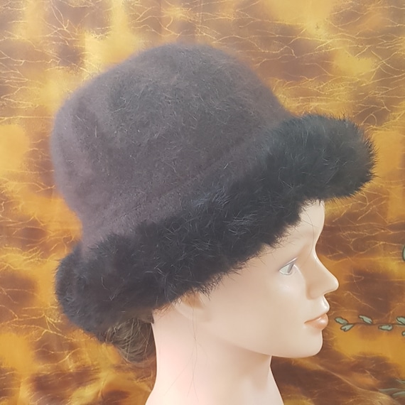 Vintage Brown Angora Bucket Hat: Soft Wool Cloche (21 inch)