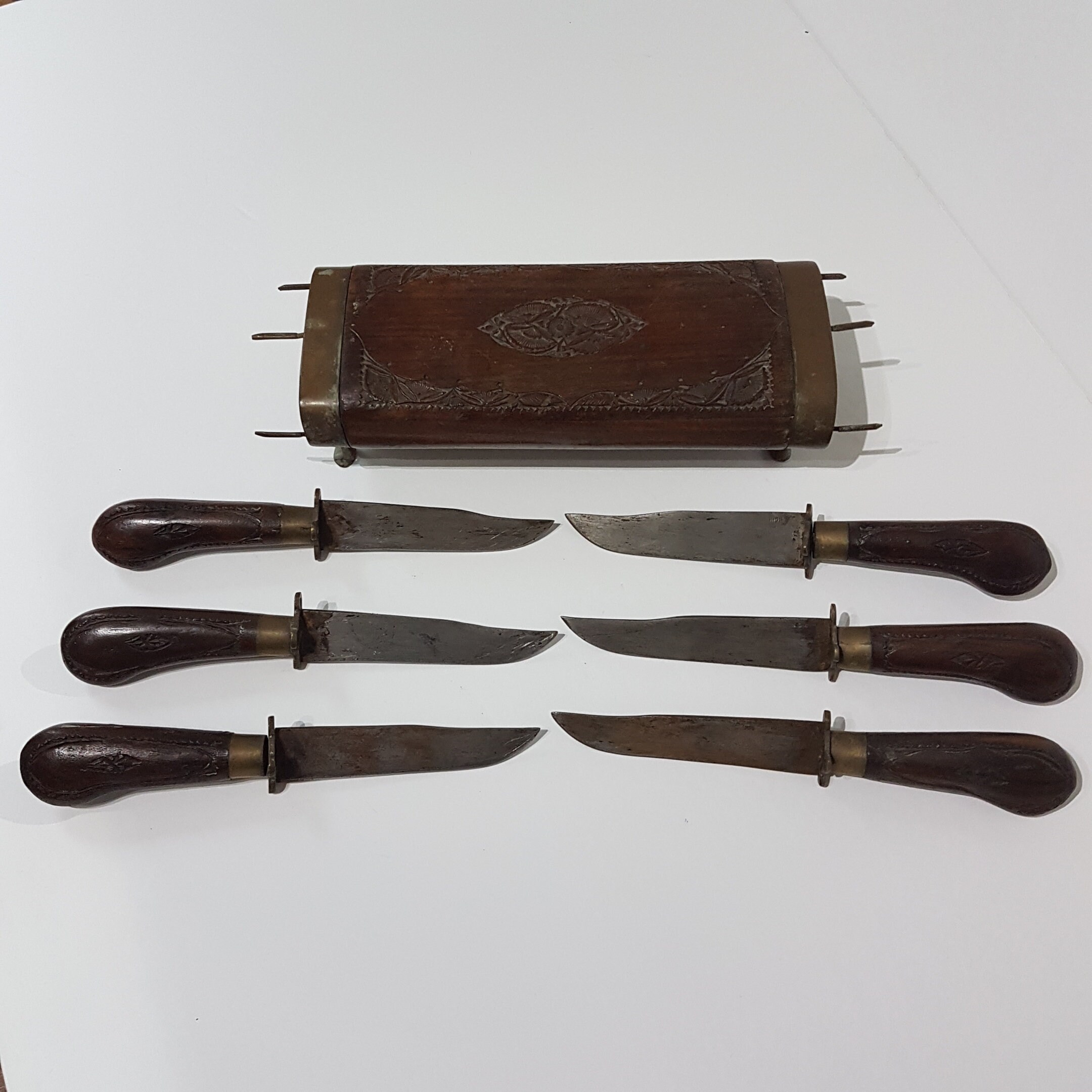 Vintage Ornate 6pc Steak Knife Set, Wooden Hand Carved Handles with