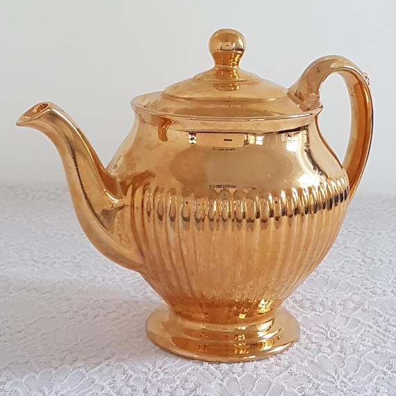 Vintage Gold Lustre Teapot Royal Winton Grimwades Ribbed Footed Tea Party Coffee Pot