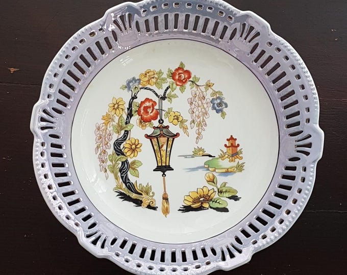 Vintage German Porcelain Fruit Bowl with Asian-Inspired Garden Design - Decorative Centerpiece