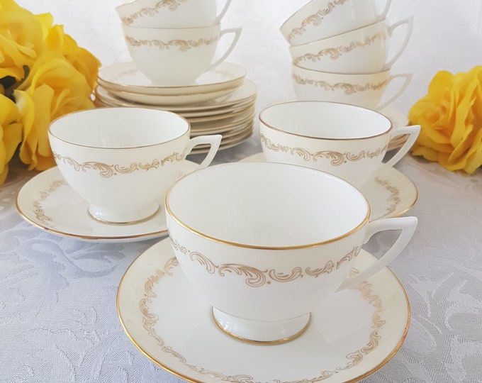 Tea Party for 4, Minton FELICITY Tea Cups Saucers Dessert Plates, Bone China, Cream Rim, White Center, Gold Scrolls, 12 Piece Set