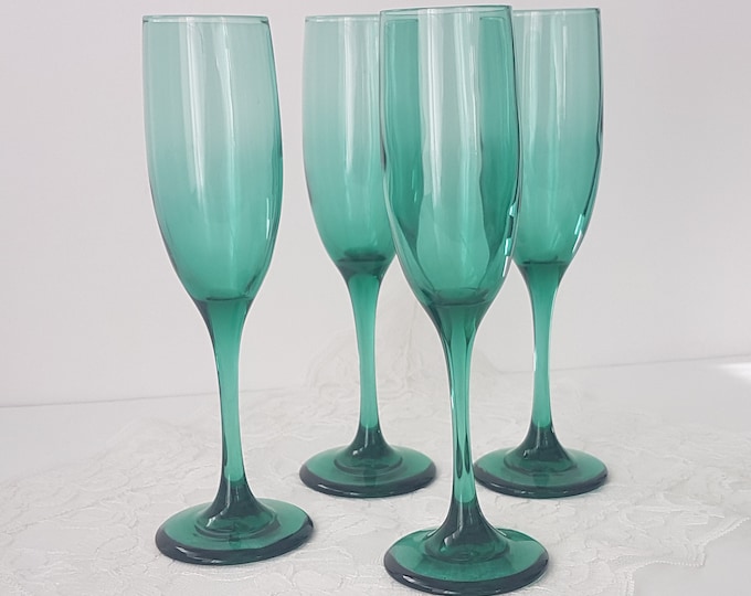 4pc Libbey Juniper Green Teardrop Champagne Flutes Set - Teal Cocktail Glasses
