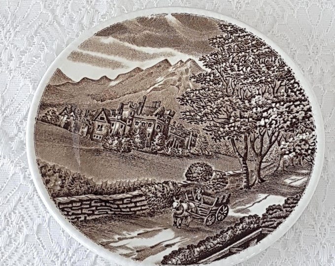 Vintage Brown Transferware Salad Plates - Wood & Sons Westmorland Country England Village Scene (Set of 4)