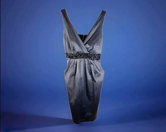 Michel Antoni Gray Satin Evening Dress Deep V-Neck Embellished Waist Size 14 Formal Gown