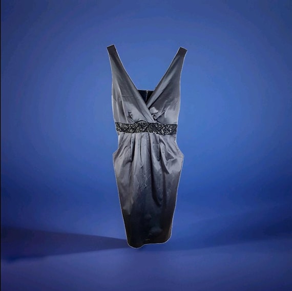 Michel Antoni Gray Satin Evening Dress Deep V-Neck Embellished Waist Size 14 Formal Gown