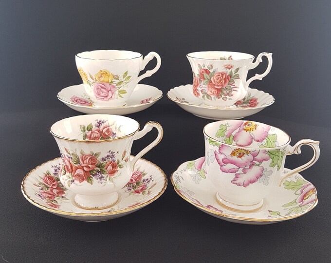 Lot of 4 Mismatched Tea Cups and Saucers, Royal Albert, Paragon, English Bone China, Afternoon High Tea Party