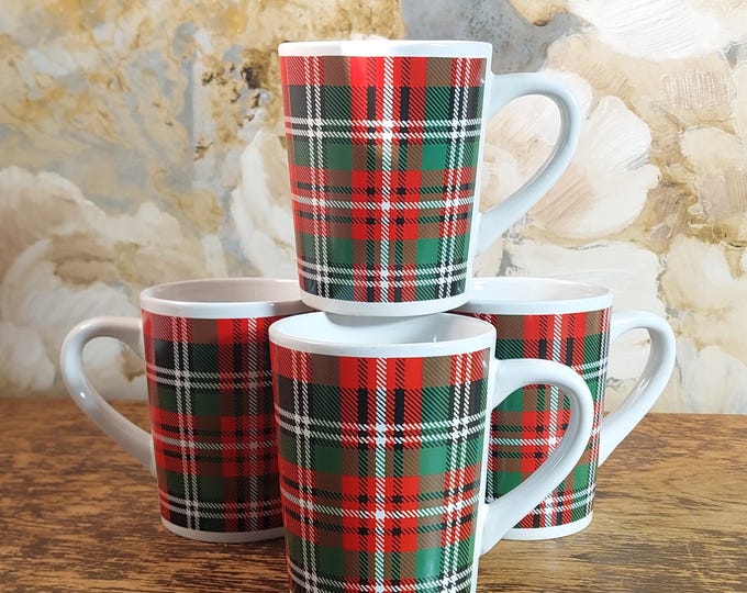 Festive Plaid Tartan Coffee Mugs - Set of 4, 12oz Ceramic