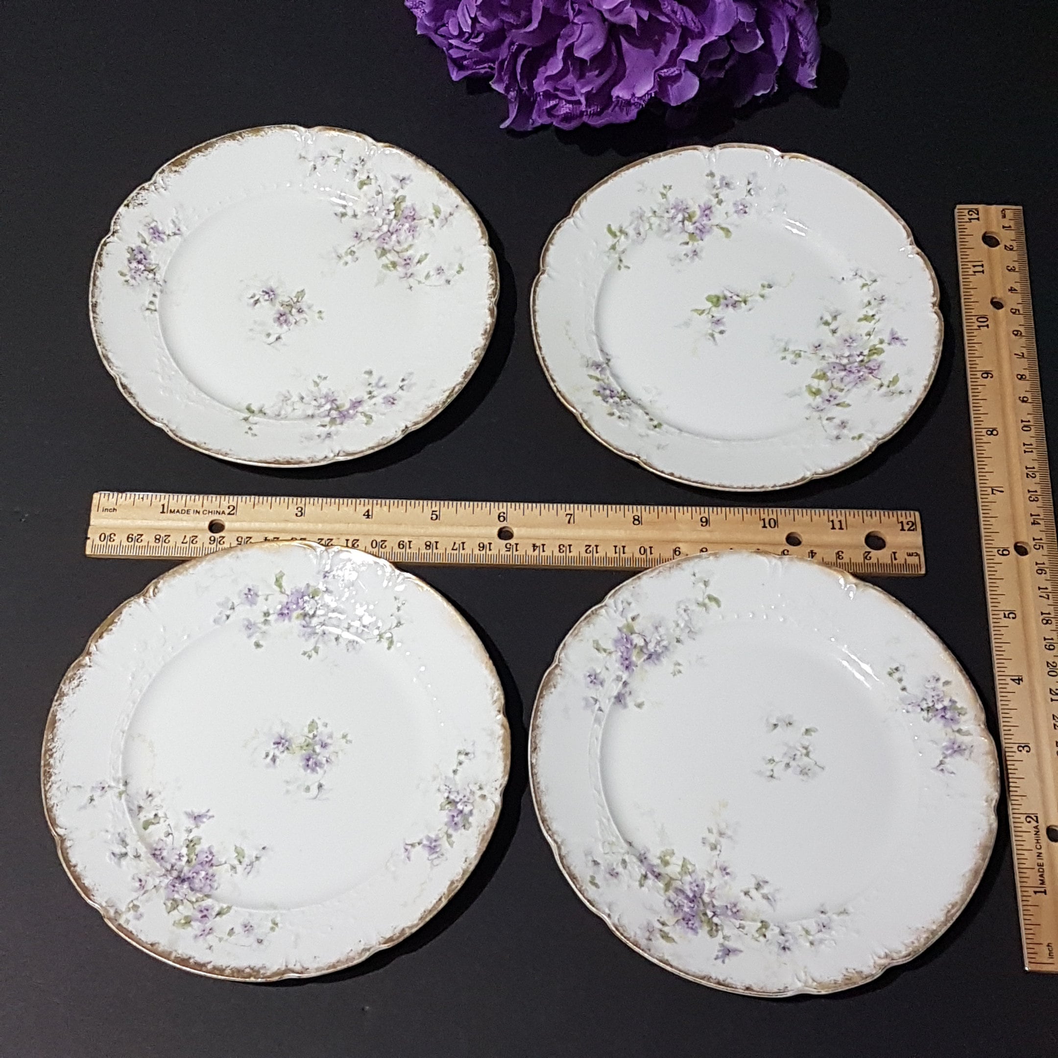 Limoges Porcelain Dessert Plates, Set of 4, Purple Flowers, GDA France, CH Field Haviland