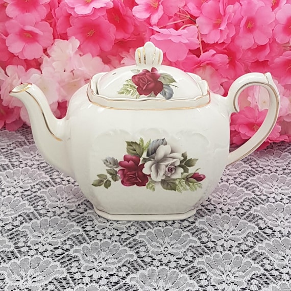 Sadler Cube Ceramic Teapot, Vintage English Teapot, Rare Collectible Rose Gold Accents