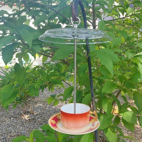 Handcrafted Vintage Teacup Bird Feeder, Stainless Hardware Glass Plate Weather Shield Hanging Decor