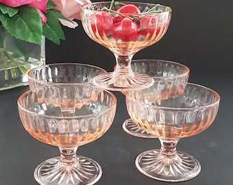Vintage Pink Depression Glass Champagne Coupe Sherbet Flutes - Mid-Century Barware Wedding Gift