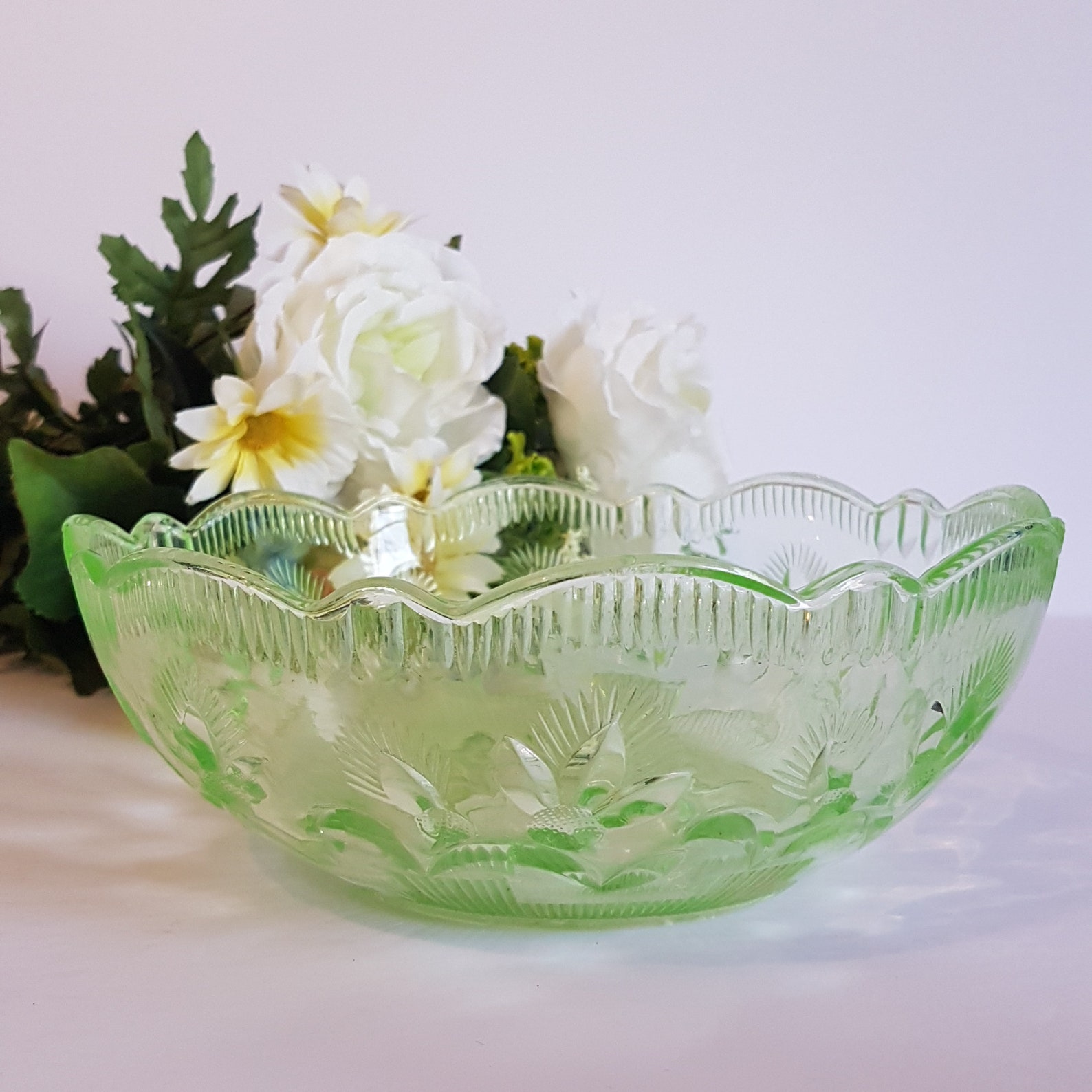 Vintage Uranium Glass Serving Bowl Thistle Pattern Fruit Etsy
