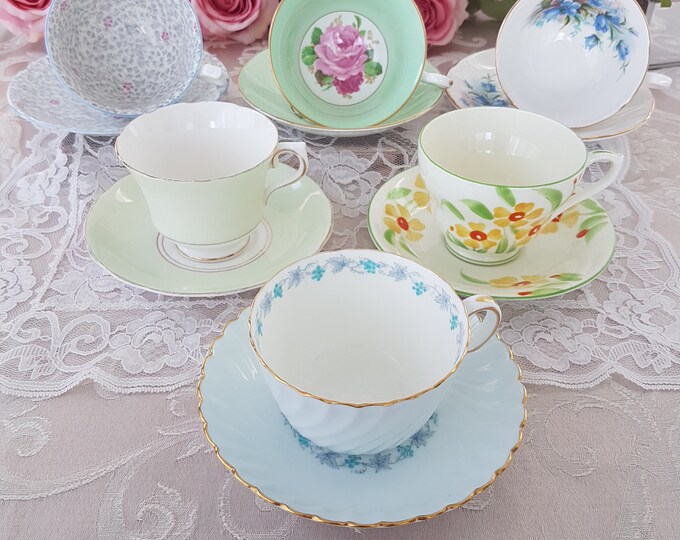 LOT of 6 Mismatched Tea Cups and Saucers, Bulk Vintage English Bone China, High Tea, Bridal Shower, Baby Shower, Blue Green Teacups