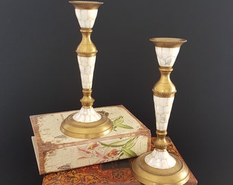 Vintage Brass Candlesticks, Mother of Pearl Inlay, 9.5 Inch, Taper Candle Holders, Made in India