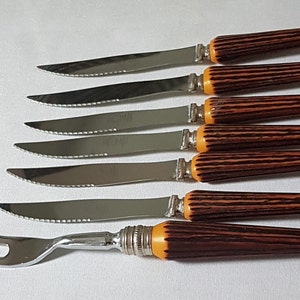 Crown Sheffield Steak Knife Set with Meat Fork, Faux Antler Handles, Mid Century Gift for Him, 1950&#39;s