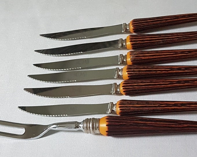 Crown Sheffield Steak Knife Set with Meat Fork, Faux Antler Handles, Mid Century Gift for Him, 1950's