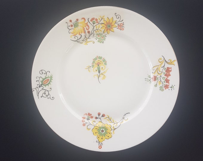 French Antique Boisbertrand Theilloud Limoges Dinner Plates, Hand Painted Art Deco, Yellow Orange Green Flowers