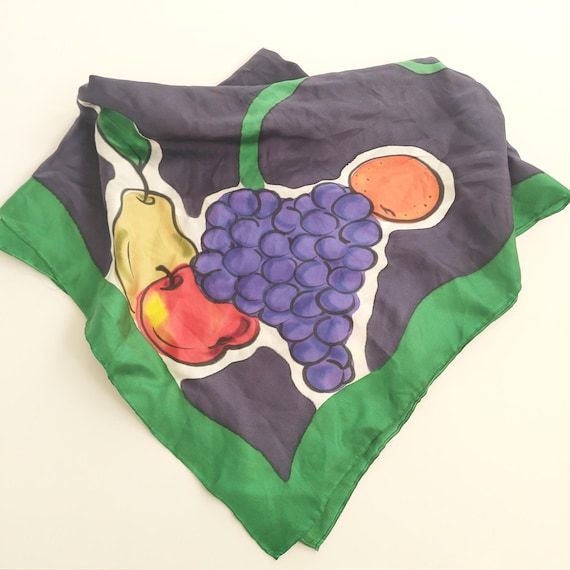 Vintage Hand Painted Silk Scarf Large 36" Fruit Square Foulard Bold Graphic Pop